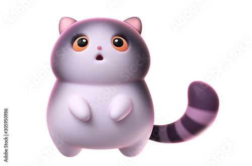 Surprised little kawaii black cat with open mouth and big orange eyes floating in the air. Cartoon funny fat cat with white belly and striped tail. 3d digital illustration isolated on white background