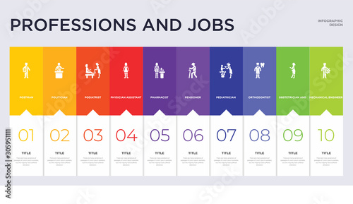 10 professions and jobs concept set included mechanical engineer, obstetrician and gynecologist, orthodontist, pediatrician, pensioner, pharmacist, physician assistant, podiatrist, politician icons