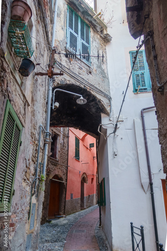 Narrow street in Ventimiglia, Liguria, Italy