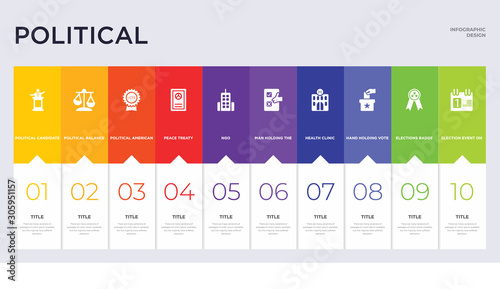 10 political concept set included election event on a calendar with star, elections badge with a star, hand holding vote paper, health clinic, man holding the vote paper on the box, ngo, peace