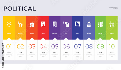 10 political concept set included debate, leaflet, voting, poll, vote, checking, oath, ballot, protest icons