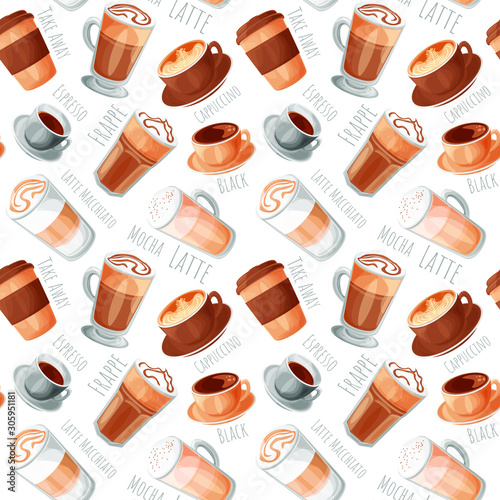 Coffee types cartoon style vector illustrations seamless pattern, isolated realistic colorful coffee icons.