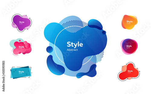 Bright multi layer irregular shapes set. Multicolored abstract figures and lines with sample text. Trendy minimal templates for presentations, flyers, banners and web pages. Vector illustration