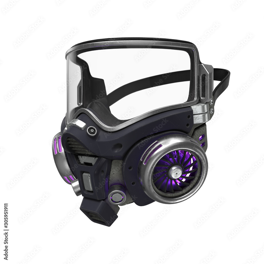 Futuristic chemical gas mask with protective glasses and metal filters. Modern military black gray respirator with neon light. Concept art air pollution. 3d illustration isolated on white background Futuristic chemical gas mask with protective glasses and metal filters. Modern military black gray respirator with neon light. Concept art air pollution. 3d illustration isolated on white background
