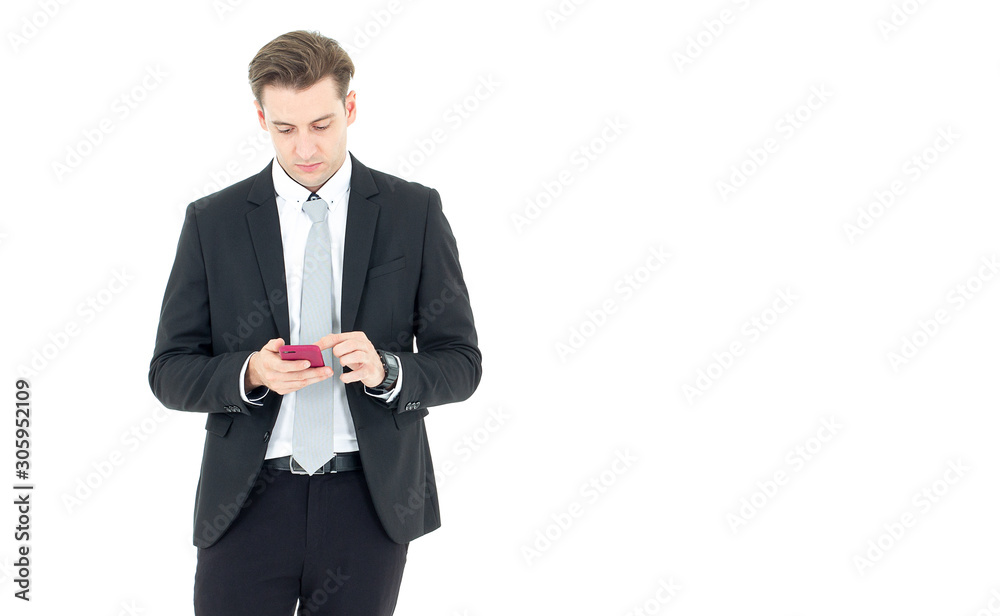 Business men use mobile phones isolated on white background Business men use mobile phones isolated on white background
