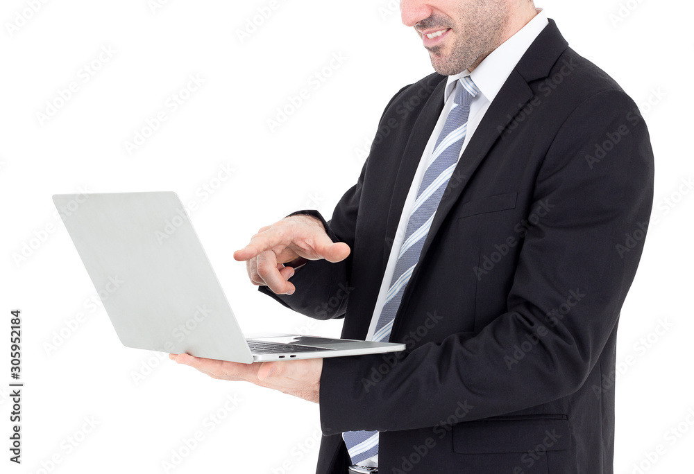 Happy businessman and a laptop isolated on white background with clipping path Happy businessman and a laptop isolated on white background with clipping path
