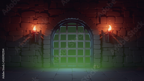 Concept art prison in dark medieval dungeon with stone walls, large metal jail door and burning torches. Cartoon game location prison cell interior with green poisonous gas and skulls. 3d illustration photo
