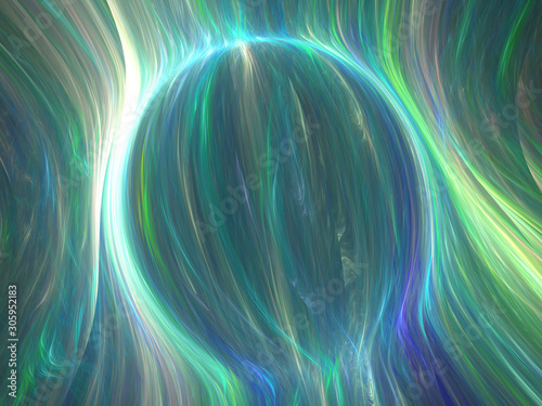 Abstract Spherical Shape 3D Illustration - Colorful gradients of light warped into the shape of a sphere. Brilliant glowing lights, soft gradients. Green and Blue Colors