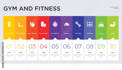 10 gym and fitness concept set included muscles, gym bag, trampoline, resistance, bosu ball, big stopwatch, pill and tablet, carrot and apple, running treadmill icons