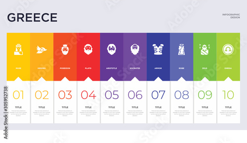 10 greece concept set included omega, zeus, robe, armor, socrates, aristotle, plato, poseidon, hermes icons