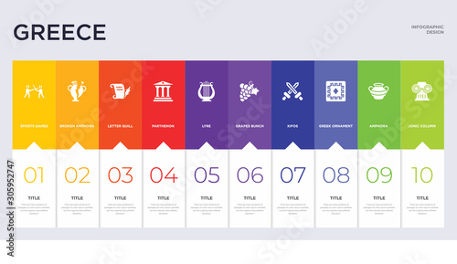 10 greece concept set included jonic column, amphora, greek ornament, xifos, grapes bunch, lyre, parthenon, letter quill, broken amphora icons