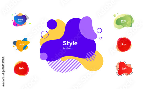 Futuristic colorful abstract elements set. Gradient polygon and blob shapes with sample text. Trendy minimal templates for presentations, banners, posters and flyers. Vector illustration