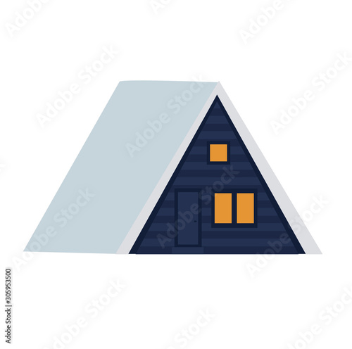 triangular winter house hut chalet with snow on the roof and yellow light in the windows