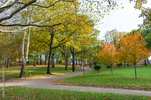 Empty Path at Astoria Park in Queens New York with Colorful Trees during Autumn