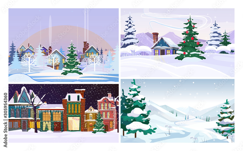 Christmas country flat vector illustration set. Country houses in winter, fur trees, snowy hills. Christmas and nature concept