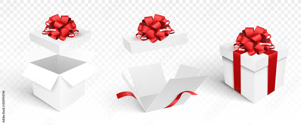 Gift boxes template isolated. Vector illustration. Open and closed boxes with bow.