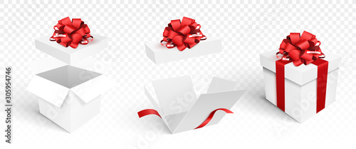 Gift boxes template isolated. Vector illustration. Open and closed boxes with bow.