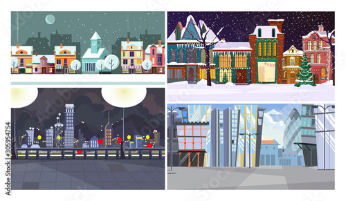 City building flat vector illustration set. Country houses in winter, city blocks, modern building. Cityscape concept