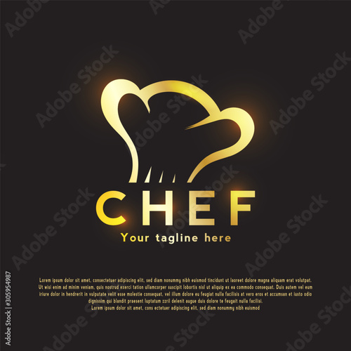 Chef logo with a fancy chef hat concept. luxury gold, can be used for restaurant icons or signs. vector illustration elements