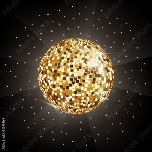 Vector icon of golden Disco or mirror ball on black background. Glitter ball for dance party, night club, symbol of fun. Light rays and reflection of mirror globe on dark backdrop. Gold decoration.