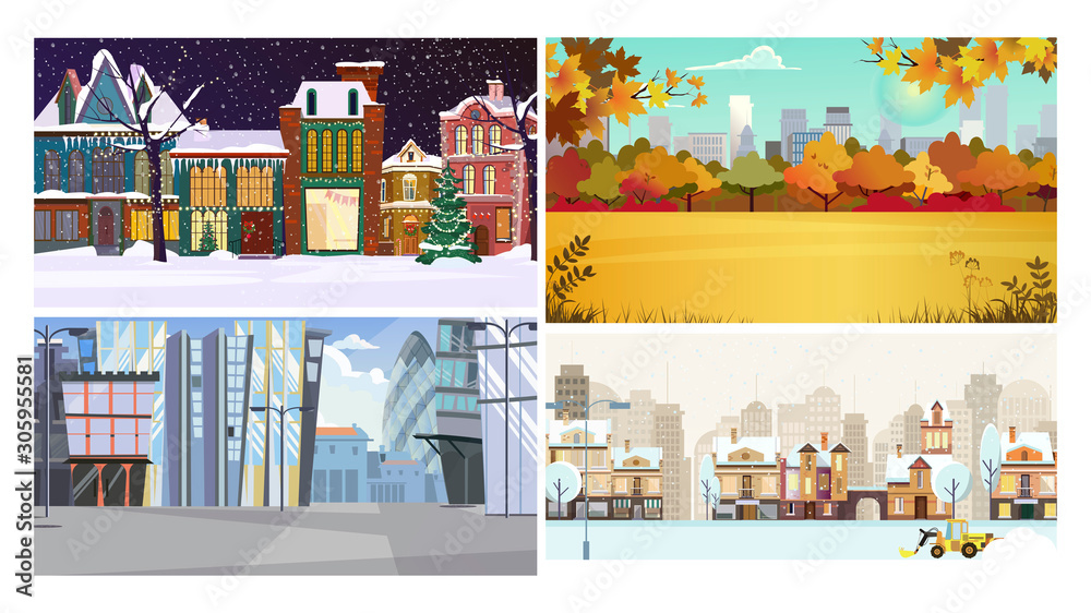 City in autumn and in winter flat vector illustration set. Buildings, tower blocks, park, tractor. City and nature concept