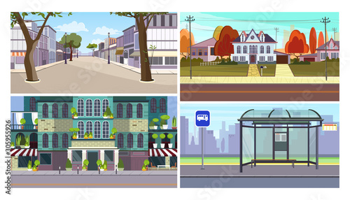 City infrastructure flat vector illustration set. City centre, shops, bus stop, residential area. Tourism and nature concept