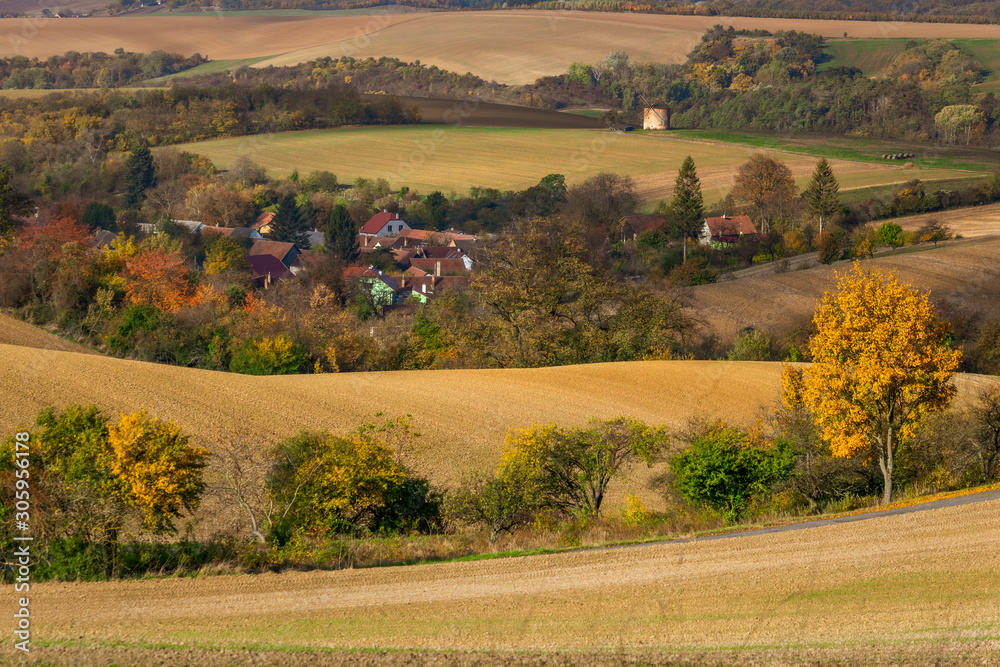 Fototapeta premium Moravian fields in autumn time. Rolling fileds in Czech Republic near Brno.