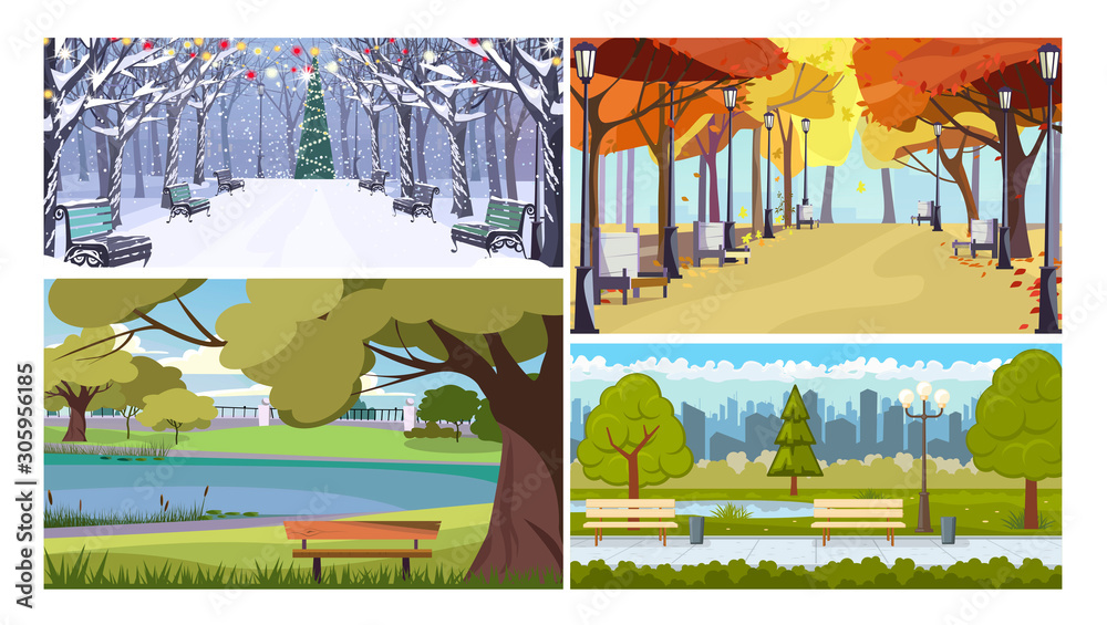 City park in all seasons flat vector illustration set. Parks with trees, benches, lake. Tourism and nature concept