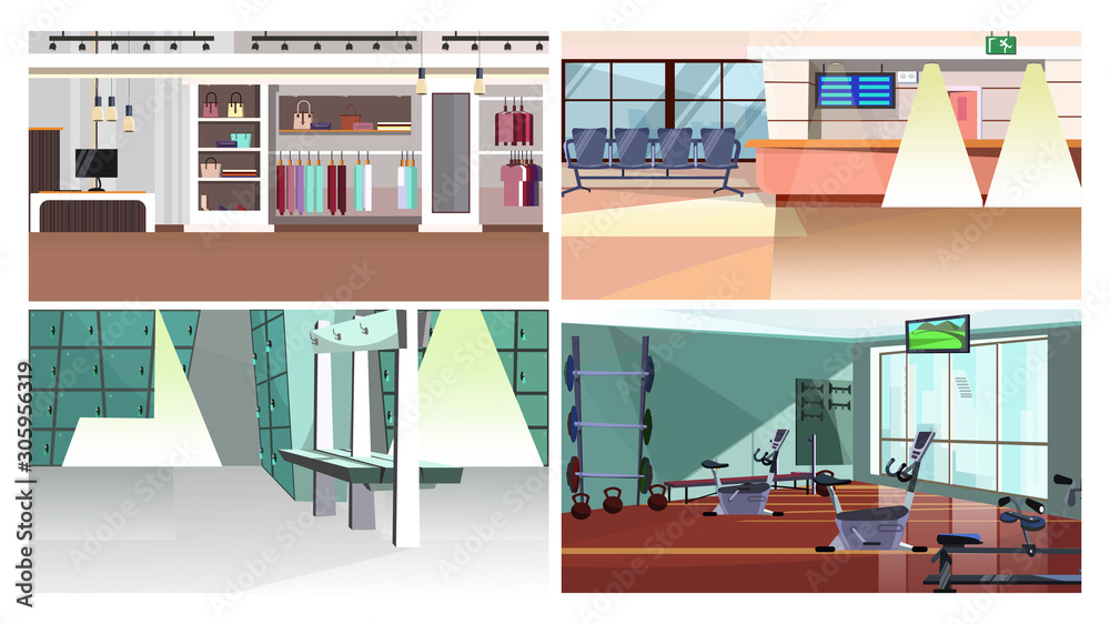 City services flat vector illustration set. Gym, shop, airport, bank. City life concept
