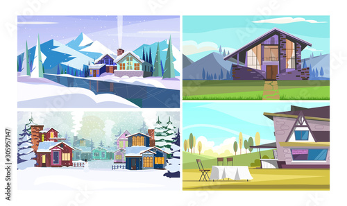 Guest houses flat vector illustration set. Mountains, frozen river, winter, summer. Tourism and nature concept