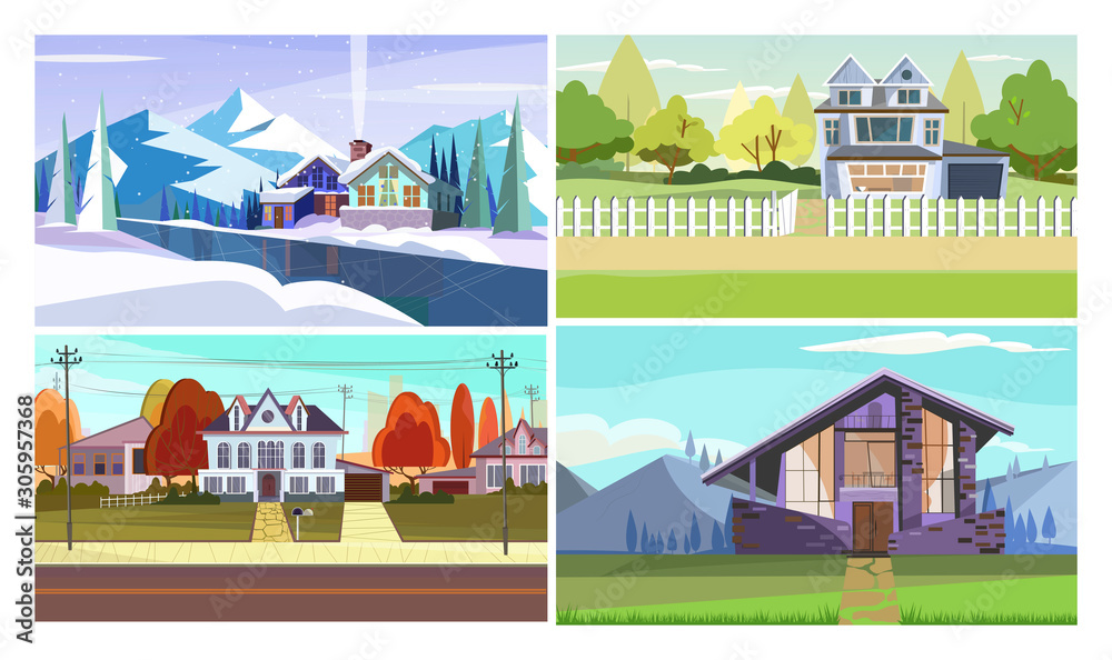 Houses flat vector illustration set. Forest, frozen river, mountains. Season, tourism concept