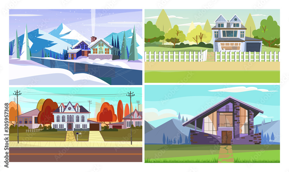 Houses flat vector illustration set. Forest, frozen river, mountains. Season, tourism concept Houses flat vector illustration set. Forest, frozen river, mountains. Season, tourism concept