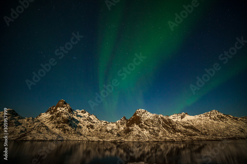 beautiful aurora borealis  polar lights  over mountains in the North of Europe - Lofoten islands  Norway