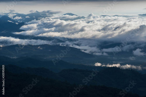 beautiful sunrise and fog view point at Huai Nam Dang National Park chiangmai province , thailand © yOs