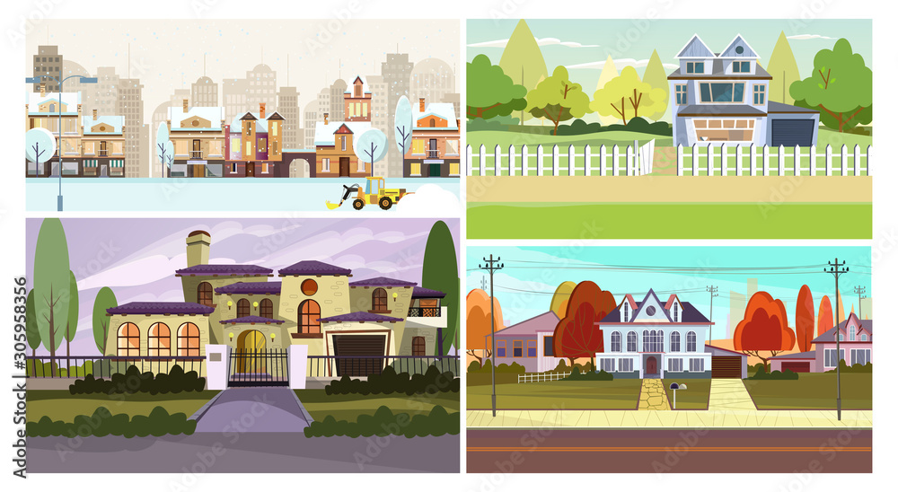 Residential houses flat vector illustration set. House, building, city in winter, tractor. Tourism and nature concept