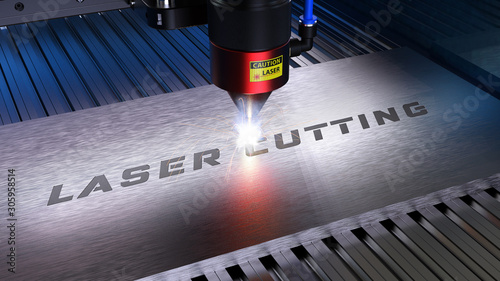 Laserschneiden, Lasergravieren. Metallverarbeitung mit Funken in einer CNC Laser Gravurmaschine. 3D Rendering photo