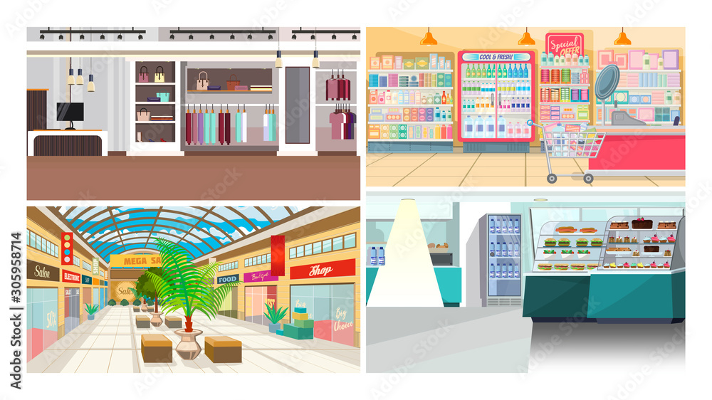 Shops and cafes flat vector illustration set. Mall, food shop, clothes store. Shopping concept