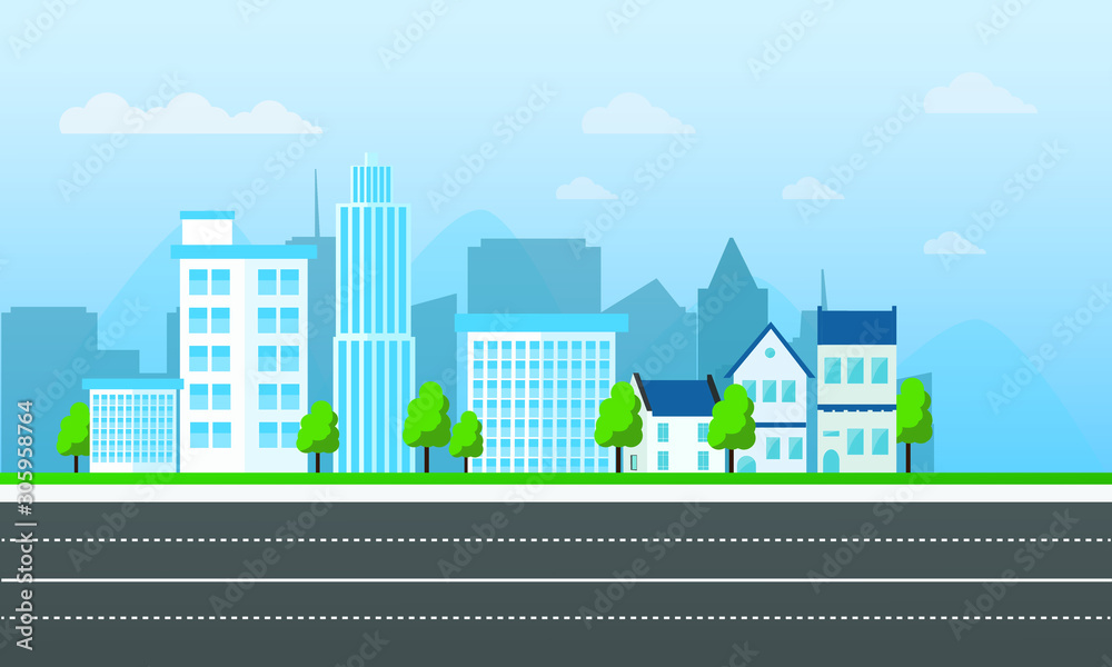 Flat city cartoon panorama - cityscape with different buildings Flat city cartoon panorama - cityscape with different buildings