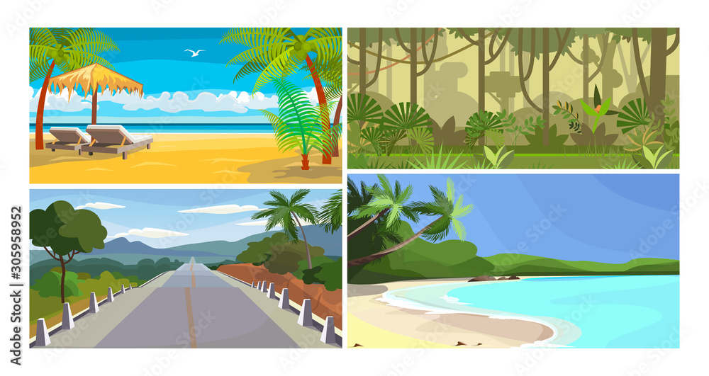Summer resorts flat vector illustration set. Tropical island, jungle, beach. Tourism and nature concept