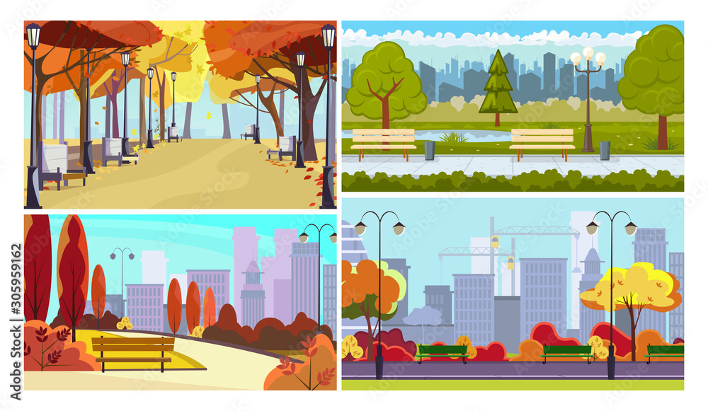 Town parks flat vector illustration set. Autumn view, benches, cranes, streetlight. Tourism and nature concept