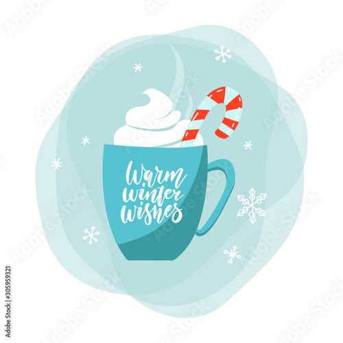 Hot chocolate cup with marshmallow and lollipop, blue with snowflake ornaments. Christmas card design element. Isolated vector flat illustration.