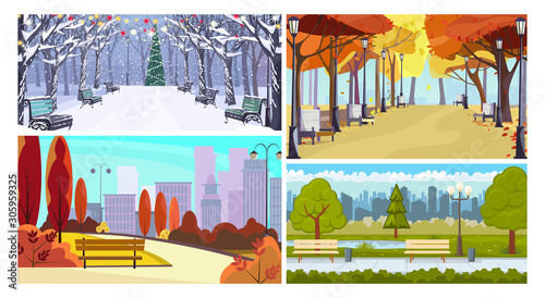 Town parks in all seasons flat vector illustration set. Autumn view, benches, Christmas tree, streetlight. Tourism and nature concept
