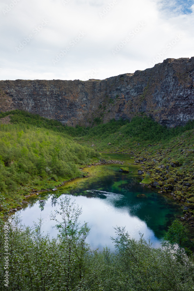 High vertical walls of abyss and clear glacial lake in the valley, Iceland Asbyrgi canyon