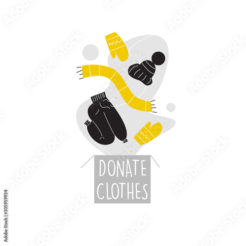 Vector illustration of donation box, pants, hat, scarf and mittens. Clothes donation concept.