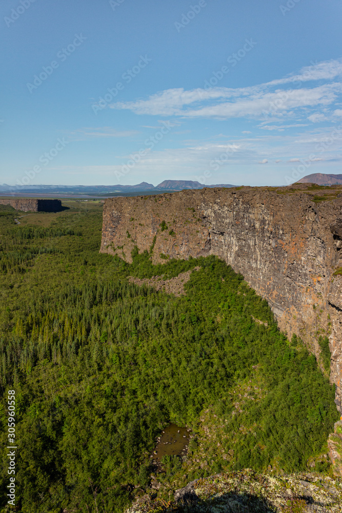 High upright vertical rocky walls of deep canyon with forest, blue sky, Iceland Asbyrgi
