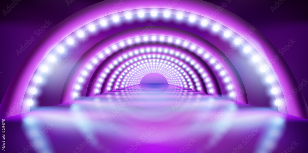 Show on the stage. Light effects. Fashion runway. Purple background
