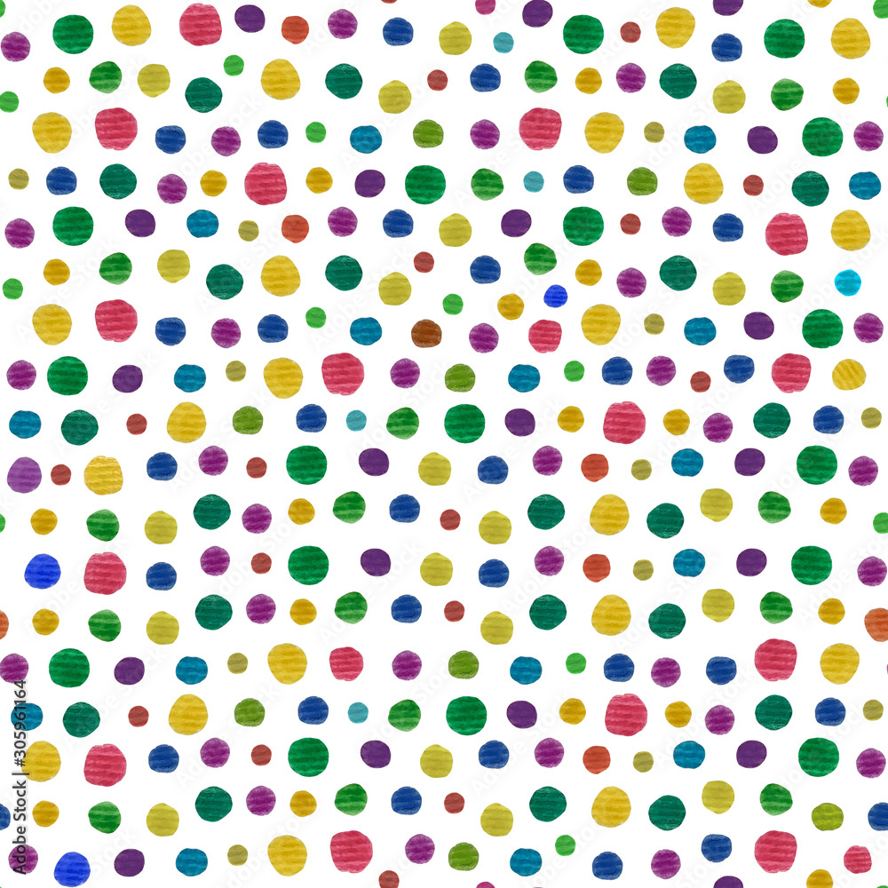 Bright seamless pattern with multicolor textured watercolor dots, on a white background