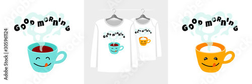 Paired t-shirt illustrations for parent and child withgood morning text and cup of coffee and milk