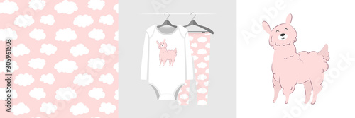 Seamless pattern and illustration for kid with lama and clouds