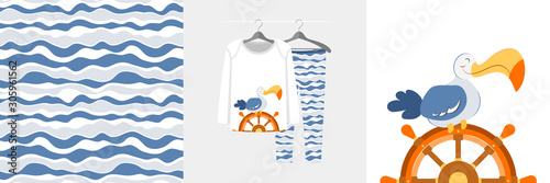 Seamless pattern and illustration for kid with albatros on sailboat wheel